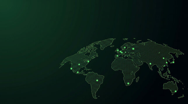 Glowing world map with connected green data points on a dark background, representing global networks, digital communication, sustainability and smart technology.