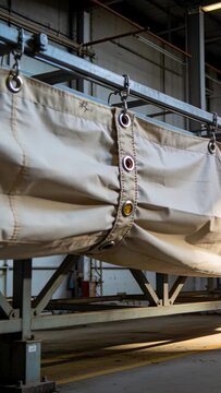 Vertical video: Pulling back camera, rolled beige canvas strap revealing warehouse track, grommets