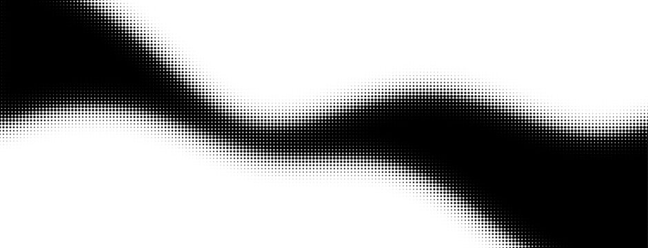 Halftone gradient background with flowing curves and fading dots. Monochrome dotted pattern texture for backdrop, banners, posters. Halftone abstract wave for background. Vector backdrop, pattern art 
