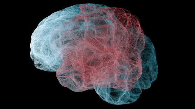 The image shows a 3D representation of a brain with intricate lines in blue and red. It highlights different areas of activity. This visualization reveals how the brain functions and communicates