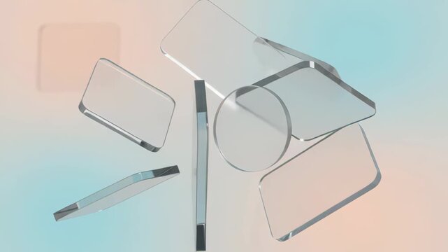 Abstract 3D rendering with floating glass plates and translucent geometric shapes on pastel gradient background