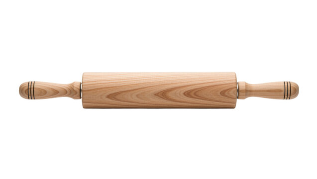 Natural wood rolling pin with striped handles, isolated on transparent background