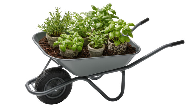 Gray wheelbarrow filled with potted basil and rosemary plants, isolated on transparent background