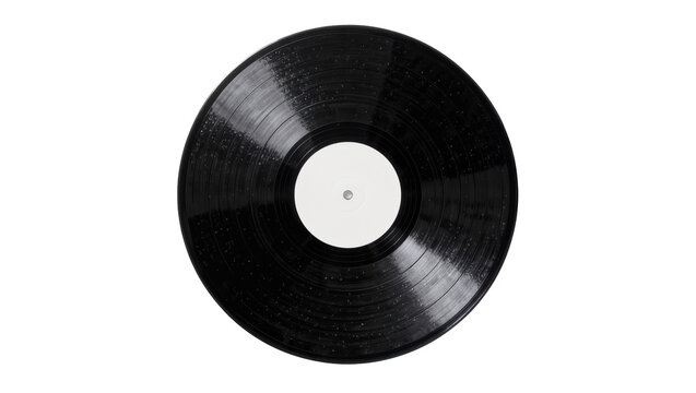 Black vinyl record with white label, isolated on transparent background