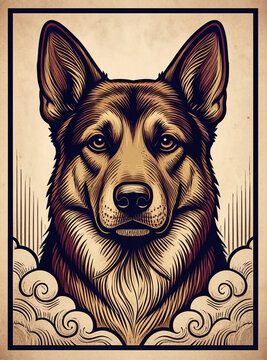 Dog portrait in traditional tattoo style, vintage woodcut illustration for Chinese zodiac lunar new year calendar
