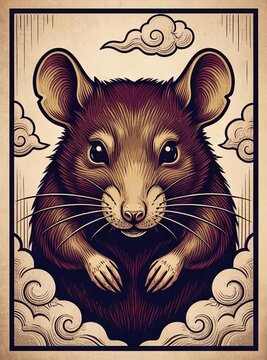 Rat or mouse portrait in traditional tattoo style, vintage woodcut illustration for Chinese zodiac lunar new year calendar.