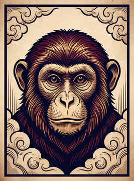 Monkey or chimpanzee portrait in traditional tattoo style, vintage woodcut illustration for Chinese zodiac lunar new year calendar