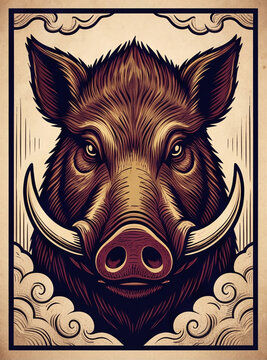 Wild boar or pig head with tusks in traditional tattoo style, vintage woodcut illustration for Chinese zodiac lunar new year calendar