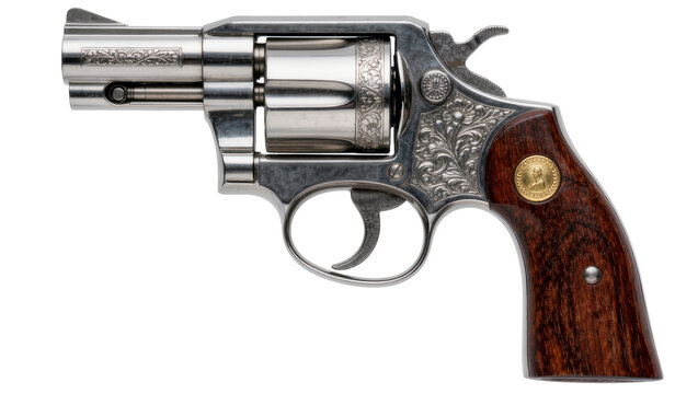 Engraved silver revolver with wooden grip, isolated on transparent background