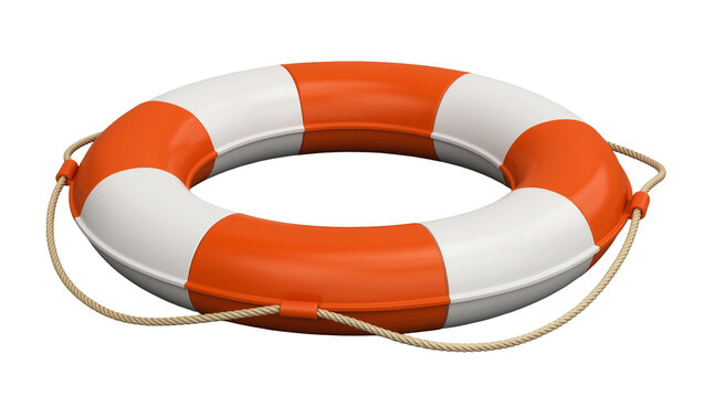 Orange and white life preserver ring with rope, isolated on transparent background