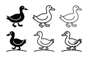 Fototapeta premium Six stylized duck icons in silhouette and outline on a white background vector illustration