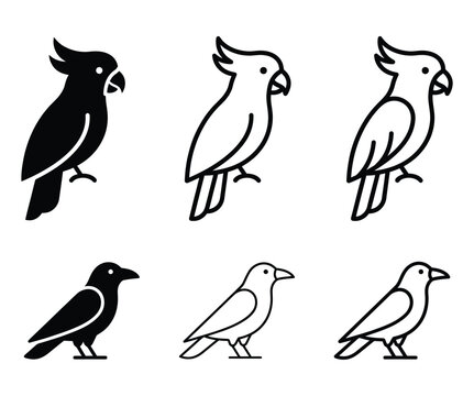 Set of stylized parrots and crows in silhouette and outline vector illustration on white background
