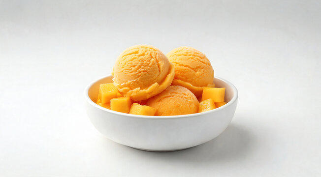 A refreshing scoop of orange sorbet served in a white bowl with chunks of fresh fruit