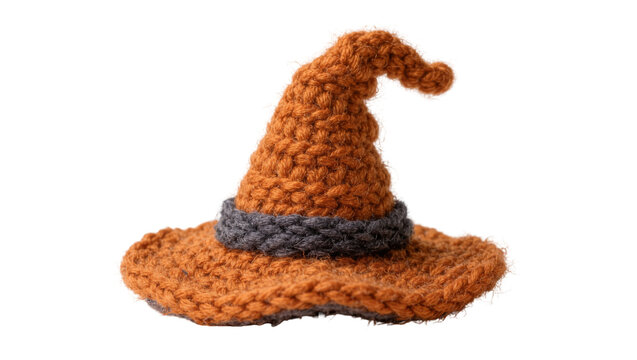 Hand knitted orange witch hat with grey band, isolated on transparent background