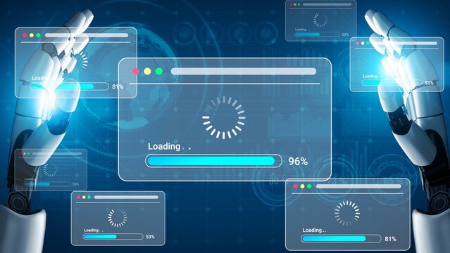 Futuristic Robotic Hands Interacting with Loading Progress Bars on a Digital Interface for Technology and Innovation Concepts Gluon.