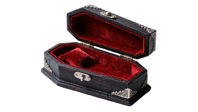 Ornate black coffin-shaped jewelry box with red velvet lining, isolated on transparent background