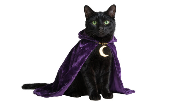 Black cat wearing a purple velvet cape with crescent moon pendant, isolated on transparent background