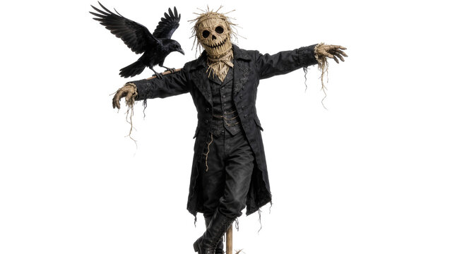 Scary scarecrow with burlap sack head and black crow perched on shoulder, isolated on transparent background