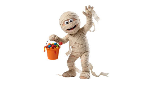 Cute mummy character holding an orange bucket full of colorful candies and gummy worms, isolated on transparent background