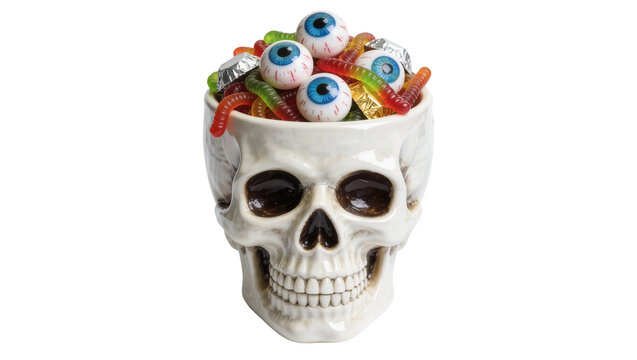 Ceramic skull bowl overflowing with gummy worms and candy eyeballs, isolated on transparent background