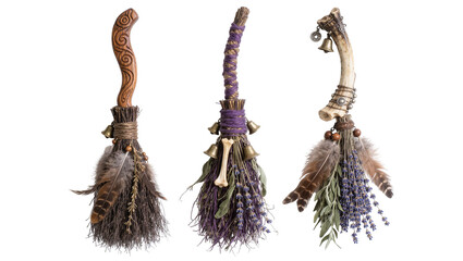 Three decorative witch brooms with feathers bells and herbs, isolated on transparent background © James