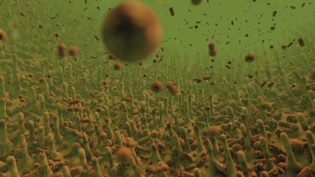 3d loop of gut microbiome bacteria floating over intestinal villi landscape. Realistic microscopic medical visualization of digestive system microflora, mucosal tissue, and probiotic health background