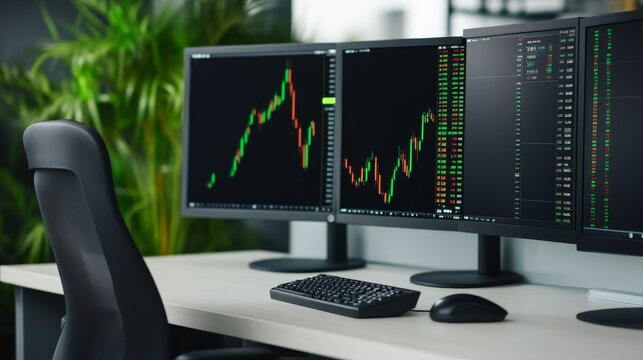 Electric Dusk Across a Professional Stock Interface: Contemporary Trading Office With Advanced Financial Visualiza