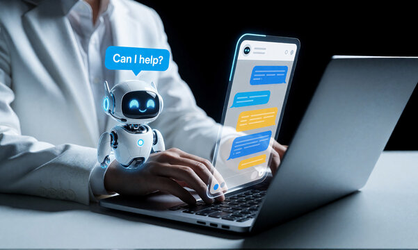 Robot assistant on laptop screen asks can I help you with chat interface on artificial intelligence concept.