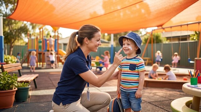 Teacher helping school child apply sunscreen outdoors school summer safety education