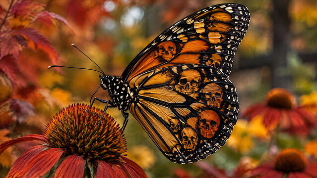 Gothic monarch butterfly with skull wing patterns, dark fantasy insect on autumn flower, macabre nature art for Halloween and horror concepts