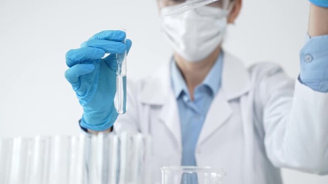 Scientist in protective gear performing a critical laboratory experiment, carefully transferring liquid with a pipette into a test tube during medical research and development