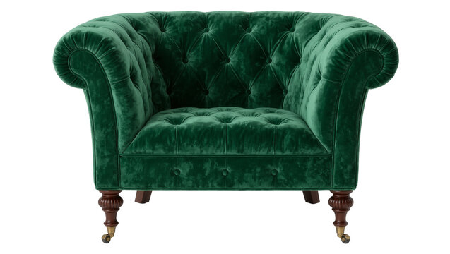 Luxurious emerald green velvet Chesterfield armchair with tufted details, isolated on transparent background