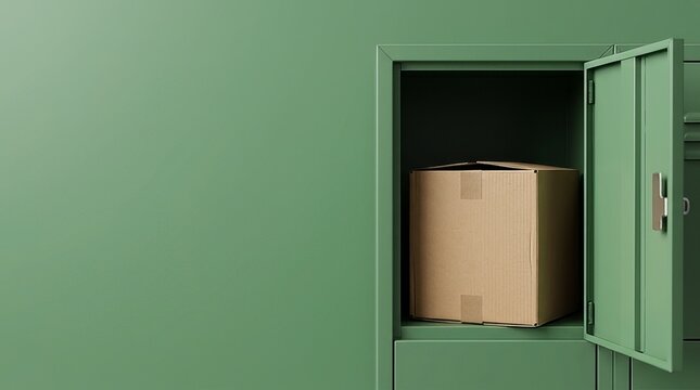 Minimalist 3D Illustration of a Cardboard Box Placed Inside an Open Green Metallic Locker Component