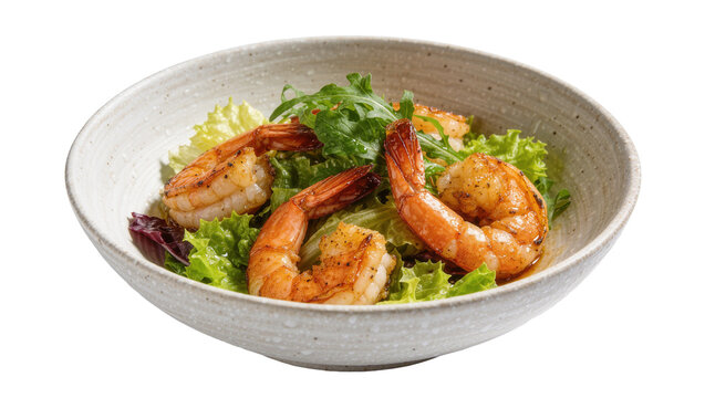Grilled shrimp salad with fresh lettuce and arugula, isolated on transparent background