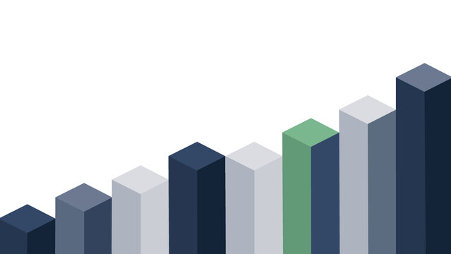 Isometric bar chart showing business growth and financial progress with rising columns in blue and green tones, corporate analytics concept for data report and strategy