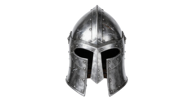 Medieval steel helmet with rivets, isolated on transparent background