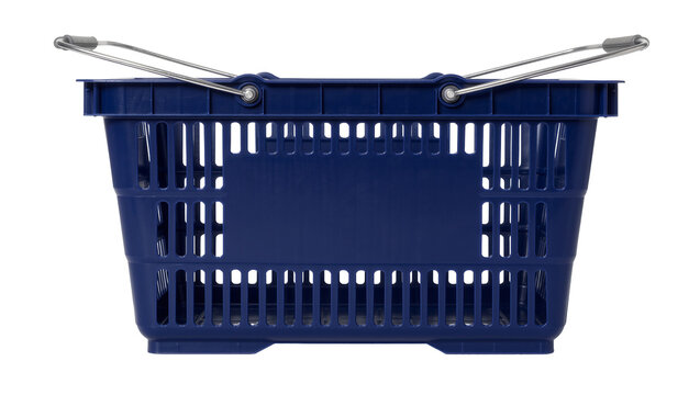Dark blue plastic shopping basket with metal handles, isolated on transparent background