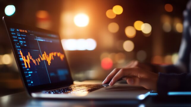 Neon Nightfall Along the Daily Trading Routine: Financial Analyst Comparing Global Stock Markets Monitoring S &acirc;&euro;&ldquo; Skyline Study 4