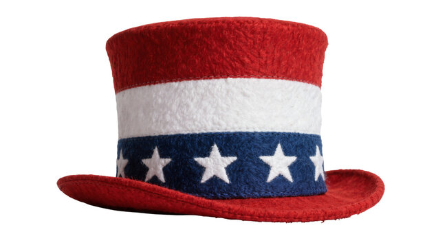 Red white and blue Uncle Sam top hat with stars, isolated on transparent background