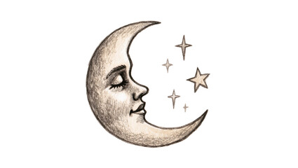 Crescent moon with sleeping face and sparkling stars, isolated on transparent background © James