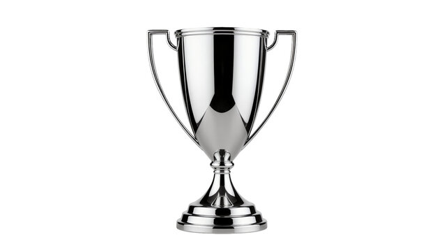Shiny silver trophy cup with two handles, isolated on transparent background