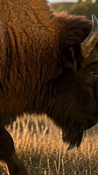 Vertical video: Pulling back camera revealing bison lowering head in prairie, showing coat texture
