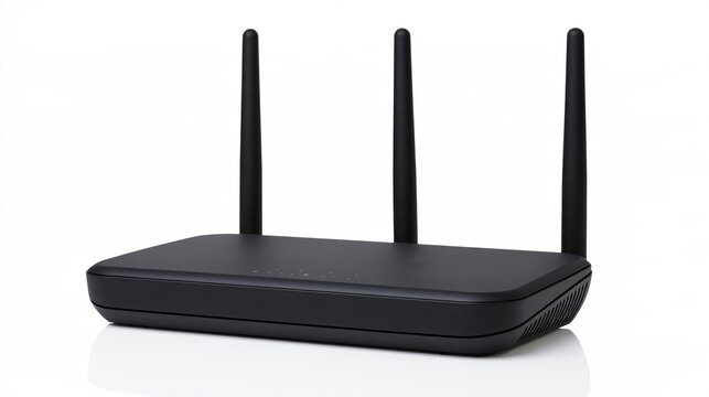 Modern black wireless router with three antennas on a clean white background