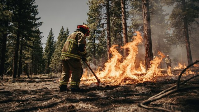 Firefighter in protective gear uses a hand tool to manage flames in a forest with handled tool clear near active flames wildland firefighter