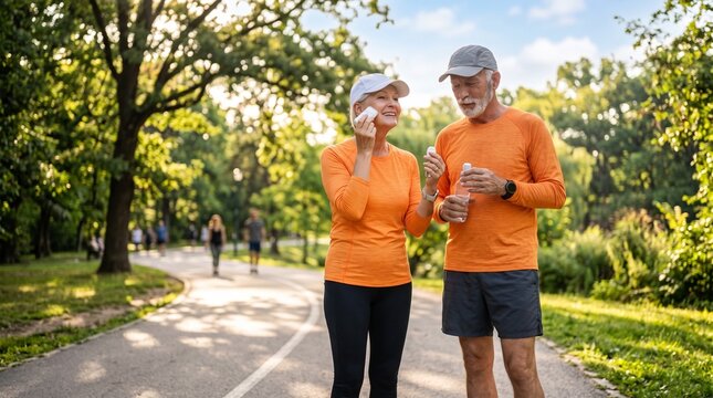 Active senior couple applying sunscreen stick in park healthy aging outdoor exercise