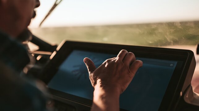 Farmer using a touchscreen display in a tractor cab for precision agriculture