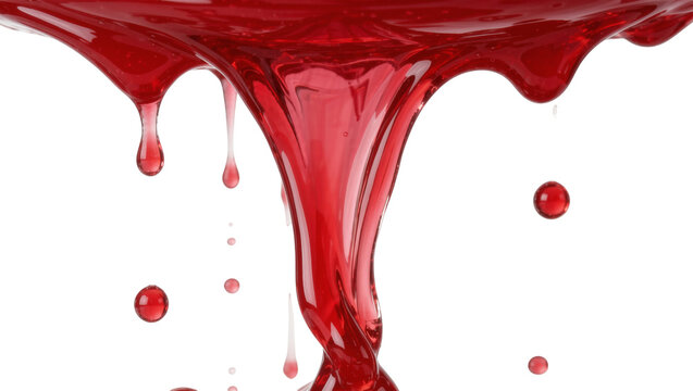 Viscous red liquid dripping and swirling, isolated on transparent background