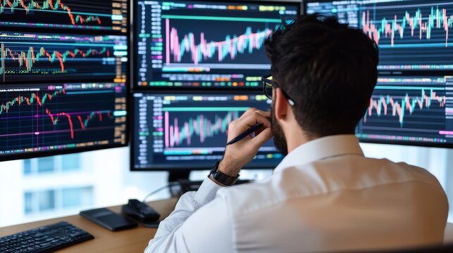 Radiant Sundown Along the Equity Research Process: Professional Investor Monitoring Stock Charts On Multiple Mon &acirc;&euro;&ldquo; Skyline Study 4