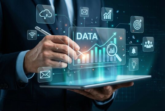 Businessman analyzing financial data chart hologram with stylus on digital tablet