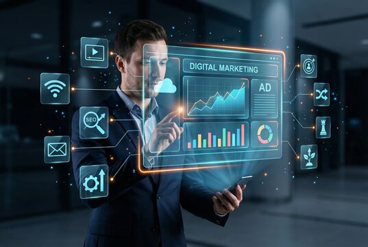 Businessman managing digital marketing ad campaign interface on touch screen hologram